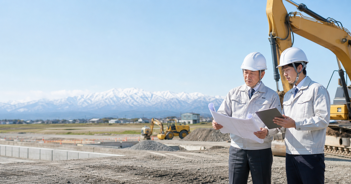 新潟の建設業M&Aと事業承継を表す、建設現場と雪山を背景に図面を確認する技術者の写真風アイキャッチ画像