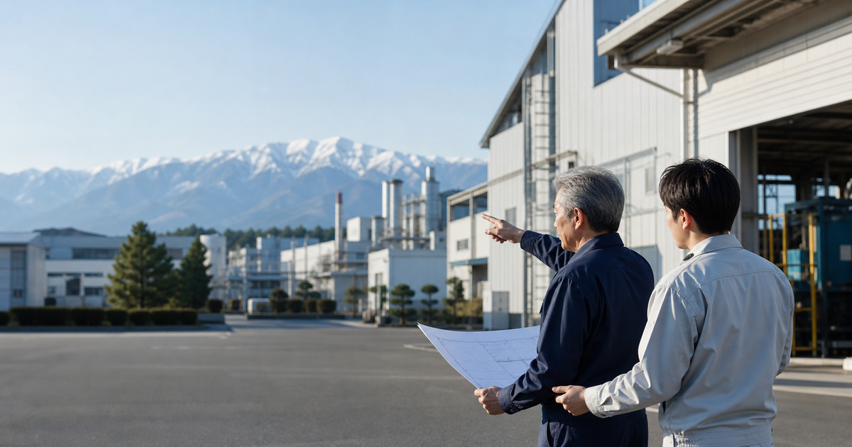 新潟の製造業M&Aと事業承継を表す、工場と雪山を背景に事業引継ぎを確認する技術者の写真風アイキャッチ画像