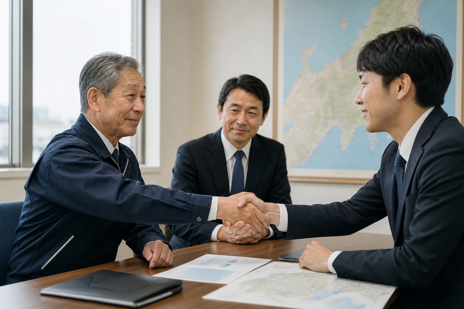 新潟企業の事業承継で握手する経営者とアドバイザー