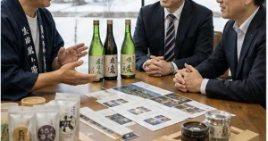 新潟の酒造会社と地域企業が販路承継を相談する様子