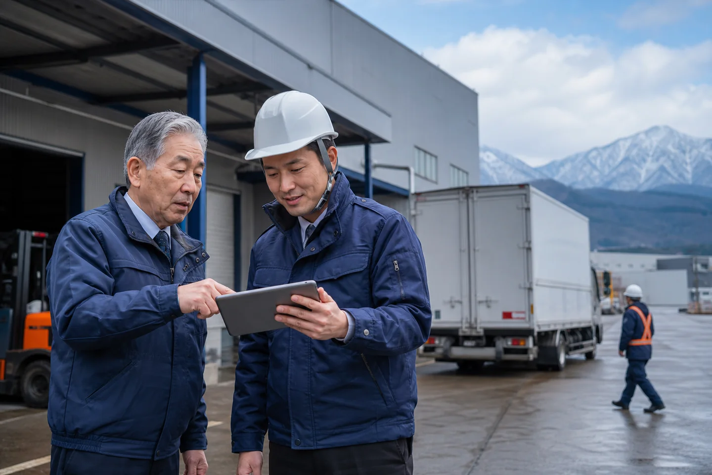新潟の物流拠点で事業の引継ぎを確認する経営者と現場責任者