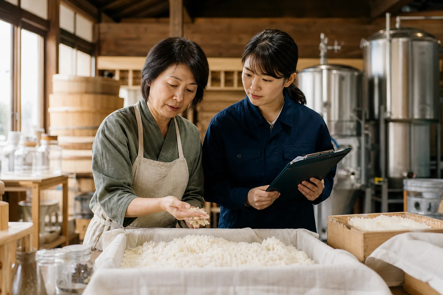 新潟の食品・酒造現場で品質と製法を確認する経営者と後継担当者