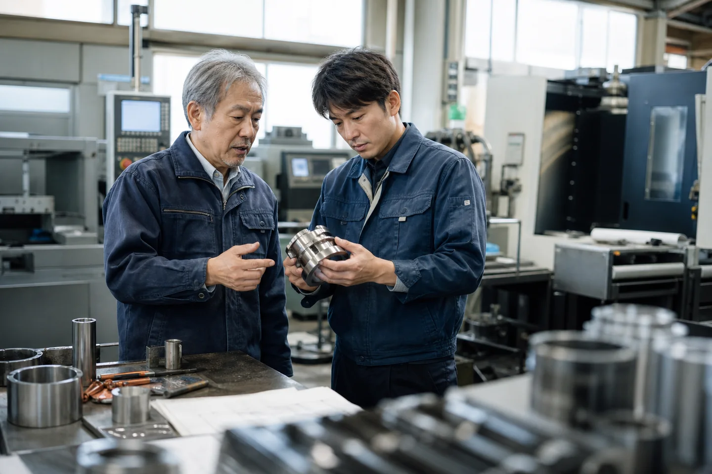 新潟の金属加工工場で技術承継について確認する経営者と製造責任者
