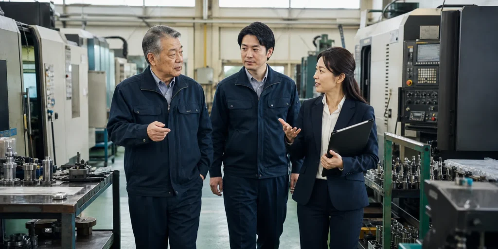 新潟の精密加工工場で事業承継を話し合う経営者と後継者