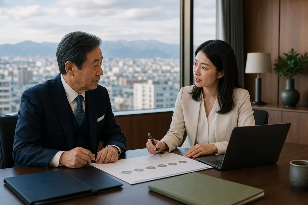 新潟の事業承継計画を確認する経営者と女性M&Aアドバイザー